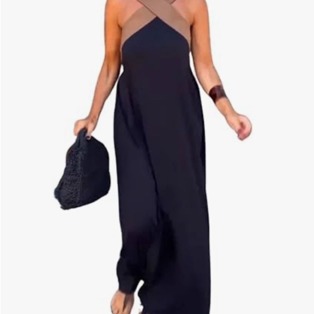 Stylish Black and Brown Halter Maxi Dress. NWOT.